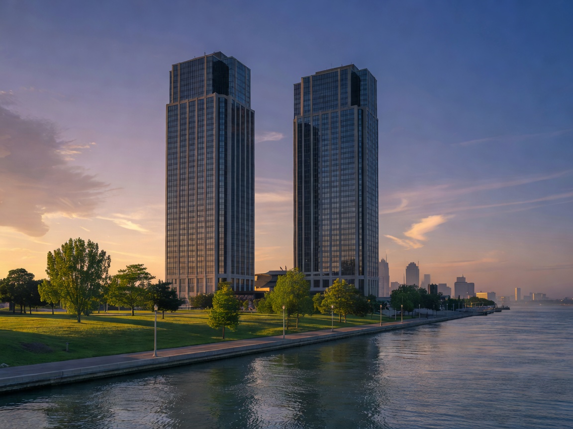 Caesars Windsor towers overlooking the Detroit River