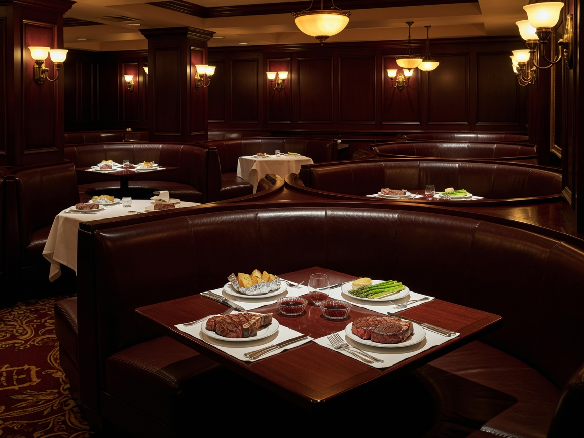 Classic steakhouse interior at Caesars Windsor with rich leather booths and warm lighting