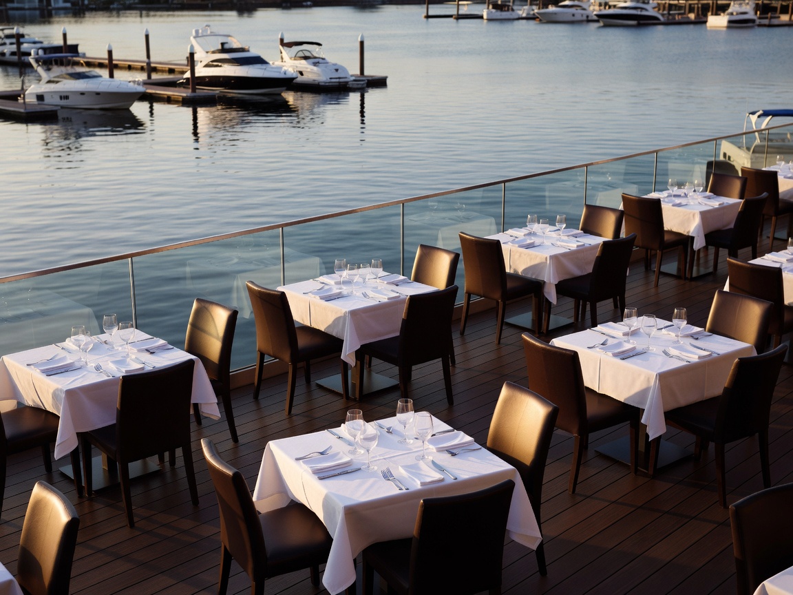 A waterfront dining patio at River Rock Casino Resort overlooking the marina