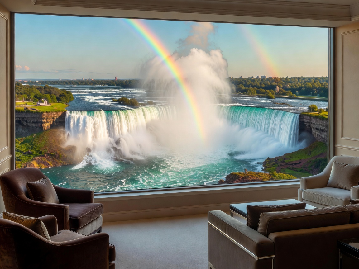 Expansive view of Niagara Falls from a high-rise luxury hotel suite at Fallsview