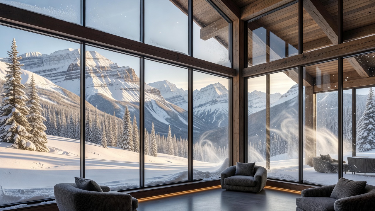 A snowy mountain landscape viewed through large architectural windows of a luxury resort in Canada
