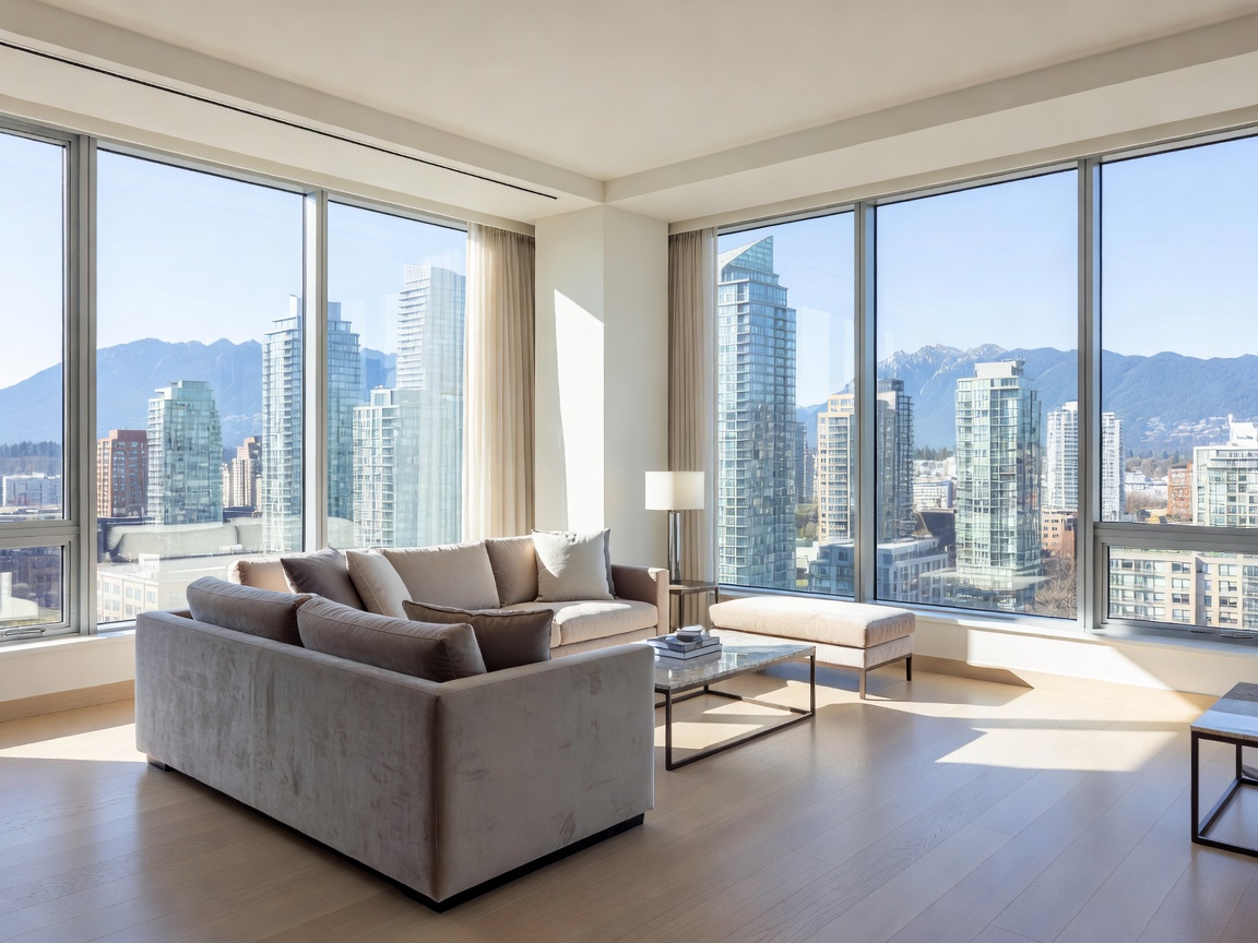 A bright, airy suite at JW Marriott Parq Vancouver looking out over the city skyline