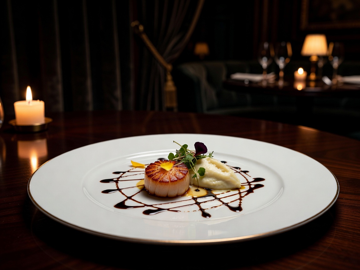 Finely plated cuisine in a dimly lit luxury restaurant