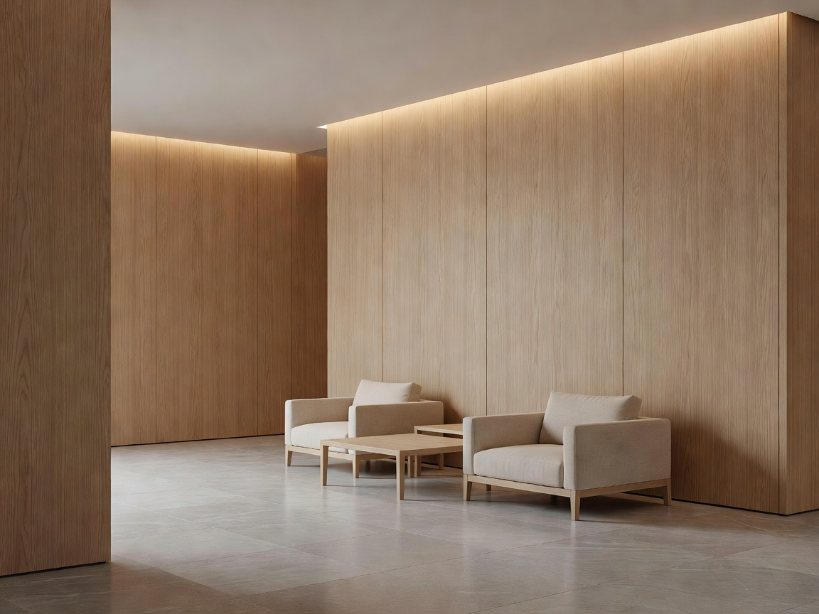 Minimalist lobby interior with wood paneling and soft lighting