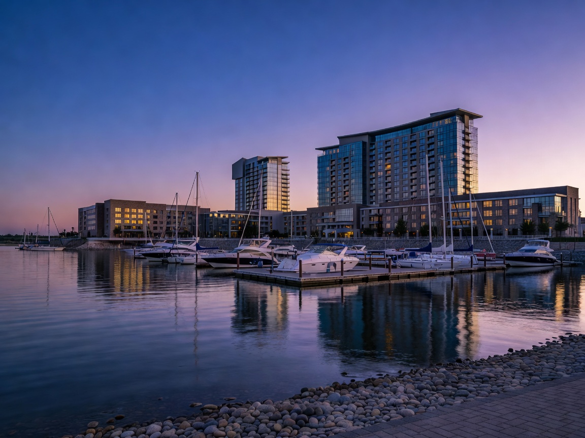 River Rock Casino Resort viewed from the adjacent marina at twilight