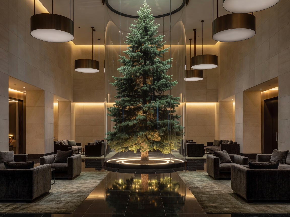 The Douglas hotel lobby featuring a full-size replica Douglas fir tree encased in glass