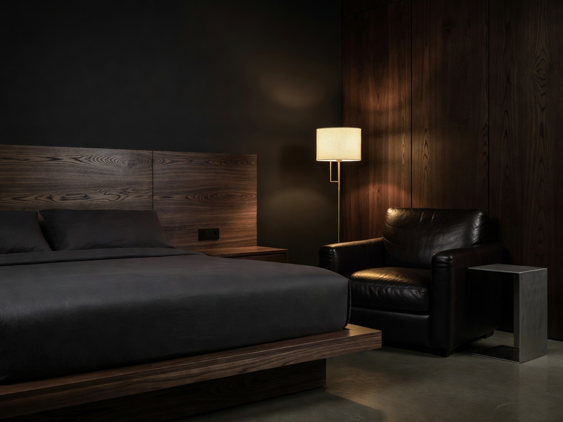 A darkly lit, sophisticated boutique hotel room at the DOUGLAS featuring natural wood and leather